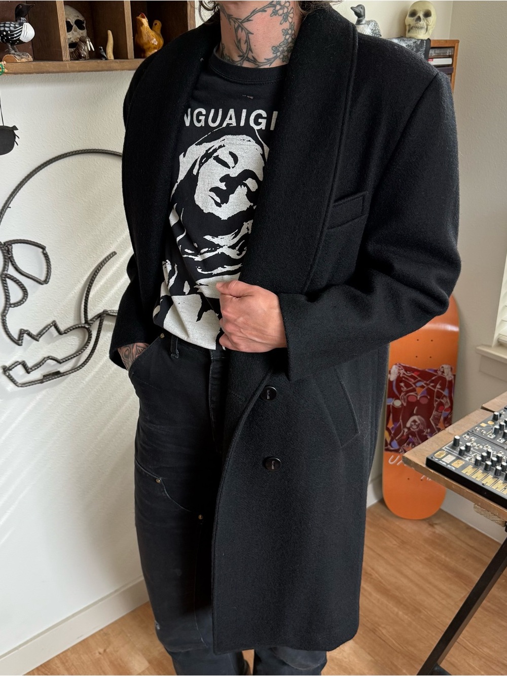Vintage 90s Black Wool Lined Double Breasted Overcoat ~ Size Large